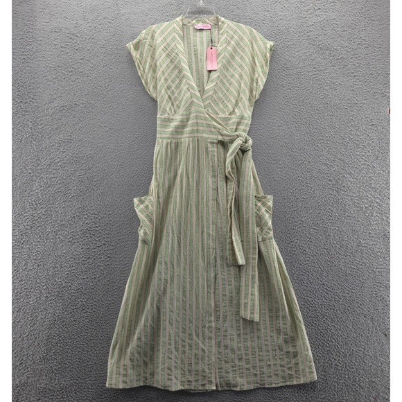 NWT Nichole Lynel Womens Linen Blend Wrap Dress Small Ivory Green‎ Stripe Midi - Picture 1 of 14